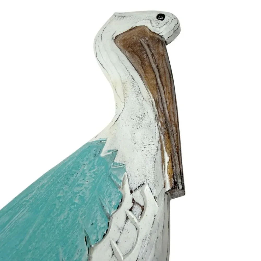 Hand Carved Wood Pelican Wall Plaque Aqua Coastal Rope Accent 24 Inch